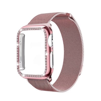 米蘭尼斯錶帶 + 錶殼 適用於 Apple Watch 42mm 38mm 40mm 44mm 不銹鋼錶帶 鑽石保護框-現貨上新912