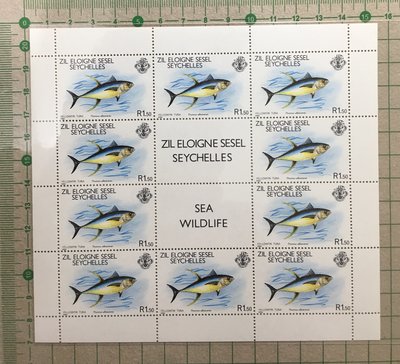 【海洋生物】【魚】【鯨魚】塞席爾1980年，黃鰭鮪魚、藍槍魚、抹香鯨，新票 3全，小版張10套  SP1819