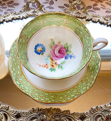 英國骨瓷Phoenix 綠色闊口金蕾絲骨瓷咖啡杯碟套裝 紅茶