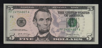 【低價外鈔】美國2017年 5Dollars 美金 紙鈔一枚(彩色版本) 最新年分