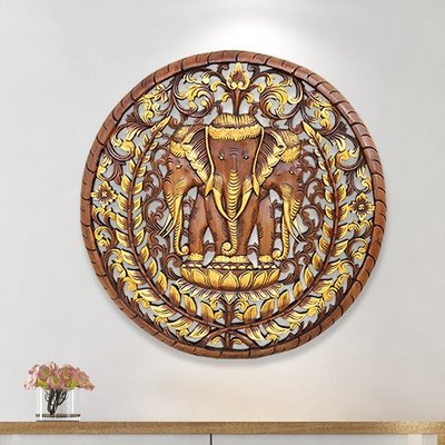 【熱賣精選】泰國柚木雕花板墻面裝飾掛件東南亞風格臥室墻壁裝飾金色大象壁飾 木雕藝術品 壁飾