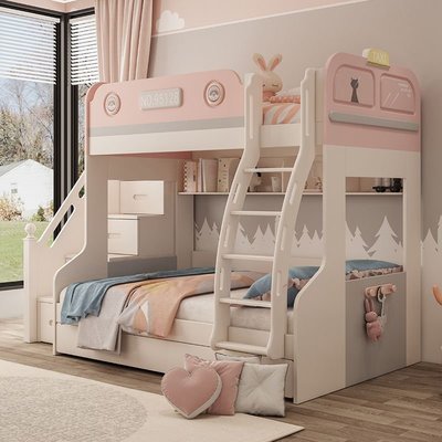 現貨熱銷-兒童高低床女孩公主雙層床兩層粉色上下床多功能組合上下鋪子母床