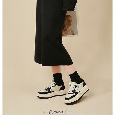 EmmaShop艾購物-韓國同步上新-INS網紅款真皮雙色厚底板鞋/小白鞋/休閒鞋