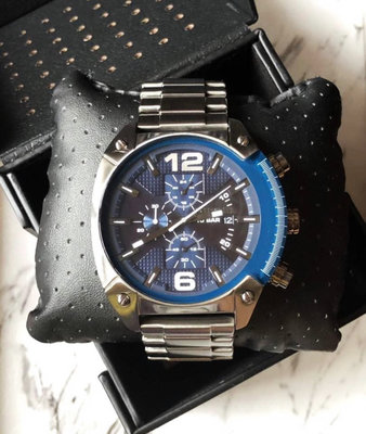 DIESEL Overflow 藍色面錶盤 鐵灰黑色不鏽鋼錶帶 石英 三眼計時 男士手錶 DZ4412