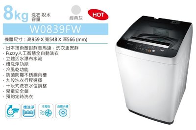 TECO東元 8KG 定頻洗衣機 W0839FW 省水標章 人工智慧全自動洗衣
