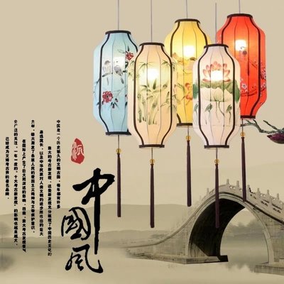 新中式布藝手繪燈籠仿古典宮燈餐廳燈茶樓過道創意長燈籠吊燈燈具~兔年特價