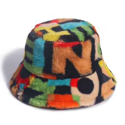 萬聖換裝 Multicolor Rainbow Faux Fur Bucket Hat 女彩色毛絨漁夫帽盆帽