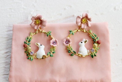 【現貨精選】Les Nereides 法國飾品 夢幻花園魔法奇遇系列 小白兔子粉色花朵 耳環耳釘耳夾