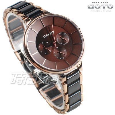 GOTO 陶瓷美型 三眼錶 時尚 多功能手錶 手環錶 玫瑰金電鍍x陶瓷黑 女錶 GS0097B-43-C41【時間玩家】