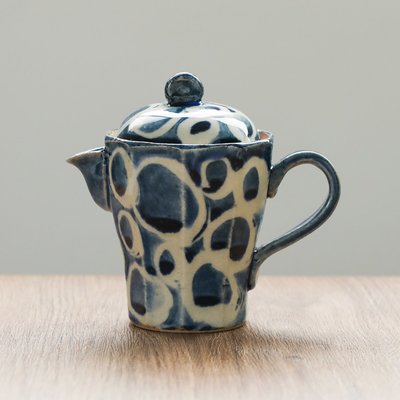 特價！日本進口瀨戶燒風傳藍染手繪咖啡壺復古泡茶壺陶制茶壺帶濾網茶具