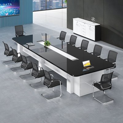 黑白辦公會議桌簡約現代大型會議室桌椅組合洽談桌烤漆條形桌20人橙子