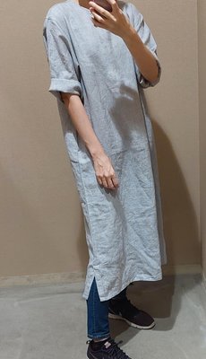 日本無印良品 有機棉亞麻七分袖洋裝（灰色）