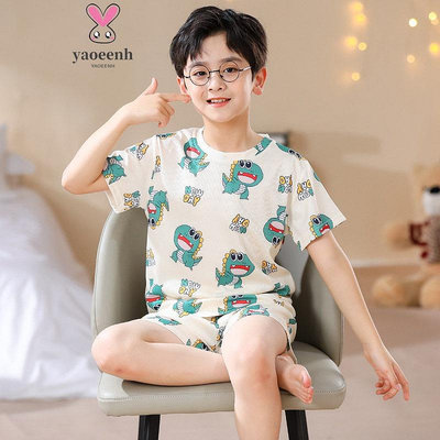 【YAOEENH】95-170CM 韓版兒童睡衣 中大男童短袖冰絲棉坑條家居服套裝
