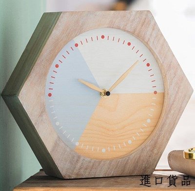 現貨歐式 木質復古六角形桌鐘 時尚簡約拚色造型鐘 桌上時鐘創意時鐘 桌面鐘靜音鐘擺件裝飾品可開發票