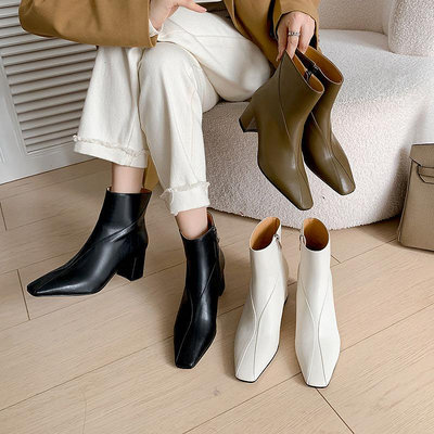 真皮短靴DANDT時尚牛皮側拉鍊流線方頭粗跟短靴（23 AUG sak)同風格請在賣場搜尋-歐美女鞋