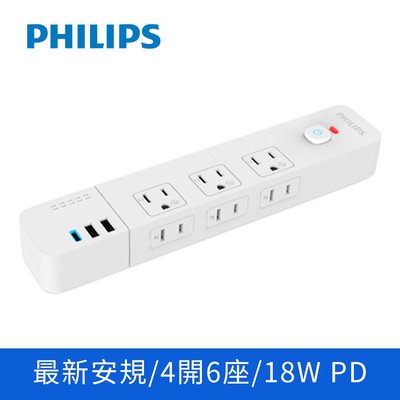 PHILIPS 飛利浦 1.8M 4切6座 双USB+TYPE-C 電源延長線/電源分接器/延長線 CHP8460WA