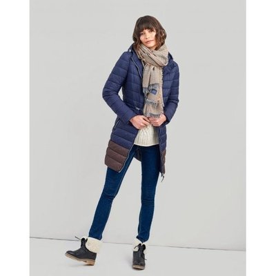 Miolla 英國品牌Joules 深藍棕拼色內里花朵雙拉頭腰間繫帶修身款保暖鋪棉外套
