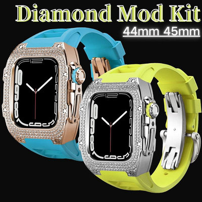天極TJ百貨奢華手錶改裝套裝 適用Apple Watch s8 改裝 帶鑽金屬錶殼 7代 6 5 4 44mm 45mm 橡膠錶帶