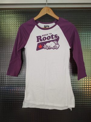 加拿大品牌 Roots 紫色白色海狸七分袖純綿長版T恤上衣