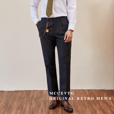 MCCEVTG 商務正裝男裝復古條紋西褲男士紳士黑色直筒雅痞西服褲子
