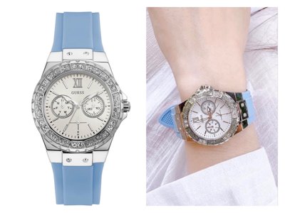 GUESS女士手錶Limelight 銀白色錶面盤 天空藍色矽膠錶帶 石英 女士手錶W1053L5
