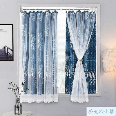掛環式伸縮桿式窗簾簡易免打孔安裝臥室遮光布小短紗簾窗簾