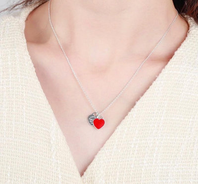 【二手】市場最精工 蒂芙尼Tiffany入門級 雙心琺瑯項鏈  很小巧的鎖骨鏈