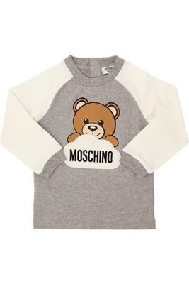 全新 Moschino INTERLOCK T-SHIRT W/ PATCH 灰色熊熊棒球T拼接白色袖子 12-18M
