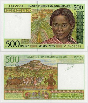 非洲系列紙鈔~馬達加斯加ND1994年版500 Francs紙鈔Pick 75b