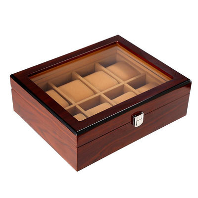 新品高檔木質多位手表盒帶鎖10位手鏈鐲珠寶收納開窗展示盒首飾收藏箱手錶盒