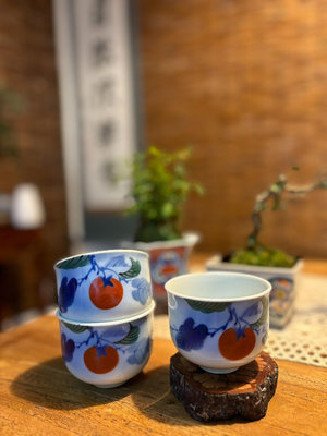 日本回流 明治早期老白山陶器純手繪青花染付柿子湯吞杯中古孤