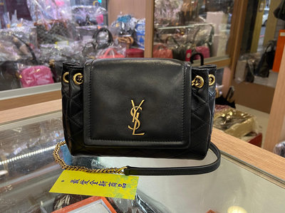 ☆最愛二手精品☆ YSL Saint Laurent MINI NOLITA 全新黑色羊皮金字LOGO金鍊菱格紋翻蓋吸釦迷你斜背包肩背包 672738