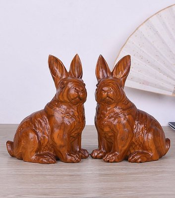 【熱賣精選】花梨木雕兔子擺件一對招財實木雕刻十二生肖家居客廳紅木工藝品 0