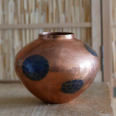 玉川堂 龜甲紋 銅花瓶紫銅一張打兩種花紋捶打高約13厘