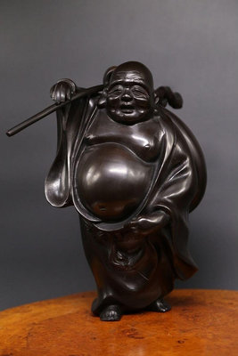 （二手）-日本古董銅彌勒佛，行者彌勒佛銅像，布袋和尚尊像。 金工師勝彥 古玩 擺件 老物件【金善緣】