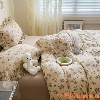 快樂屋Hapyy House韓式水洗雙紗床包組 精美印花床單 床罩組 單人 雙人 加大床包四件組 床組 被單 枕頭套