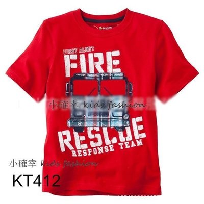 小確幸衣童館KT412 歐美款純棉短袖紅色打火消防車圖 零碼特賣 18M