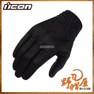 三重《野帽屋》ICON ANTHEM STEALTH Gloves 短手套 觸控 山羊皮 D3O 護塊 防摔 。黑