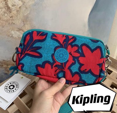 【熱賣精選】 Kipling 猴子包 藍底紅花 K70109 拉鍊手掛包 零錢包 長夾 手拿包 鈔票/零錢/卡包 輕