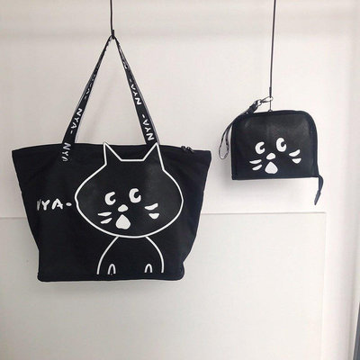 【熱賣精選】日系 ne net 驚訝貓 卡通 可愛手提包 大容量 摺疊斜背包 男女通用健身包