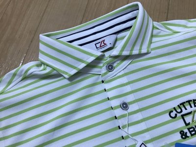 【涉谷GOLF精品】 CUTTER&BUCK 日本名牌  最新白色綠橫細條紋短袖L號 保證真品  歡迎購買