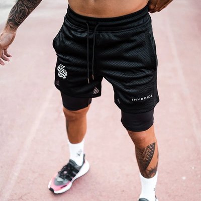 跨境批發歐美潮牌運動雙層短褲男士訓練假兩件籃球跑步健身五分褲