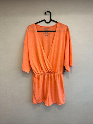 美國 Speedo 女 螢光橘一件式短袖罩衫短褲 size S 連身短褲