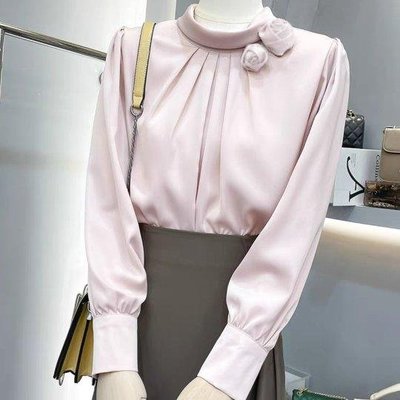 新品特價 韓系時尚氣質設計感純色玫瑰緞面襯衫上衣