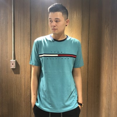 美國百分百【Tommy Hilfiger】T恤 TH 男款 Logo 圖案 短袖 上衣 湖水綠 T-Shirt A794