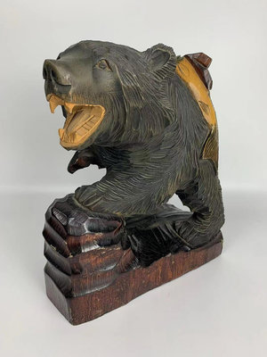 中古日本產 實木一木雕手工雕北海道熊逮魚大擺件 高28cm