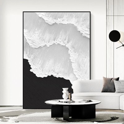 現貨熱銷-手繪油畫立體黑白浪花玄關客廳沙發背景墻裝飾畫輕奢抽象掛畫壁畫~特價