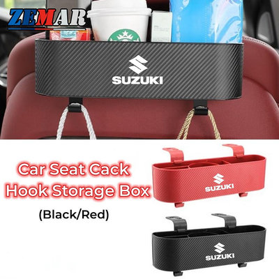 SUZUKI 鈴木汽車後座收納盒汽車座椅靠背掛鉤盒後排儲物盒杯架碳纖維紋理適用於 ERTIGA XL7 Swift SX