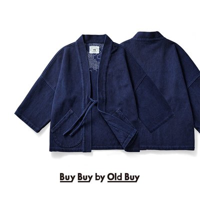 阿美咔嘰INDIGO藍染道袍550g刺子面料日式作務衣復古和服夾克外套