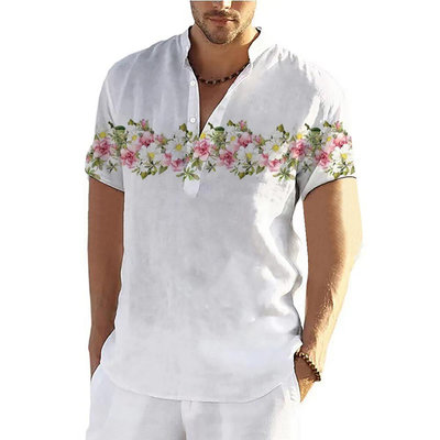 夏季花卉襯衫男士休閒短袖上衣立領超大服裝時裝設計師服裝男亨利襯衫（滿599免運）